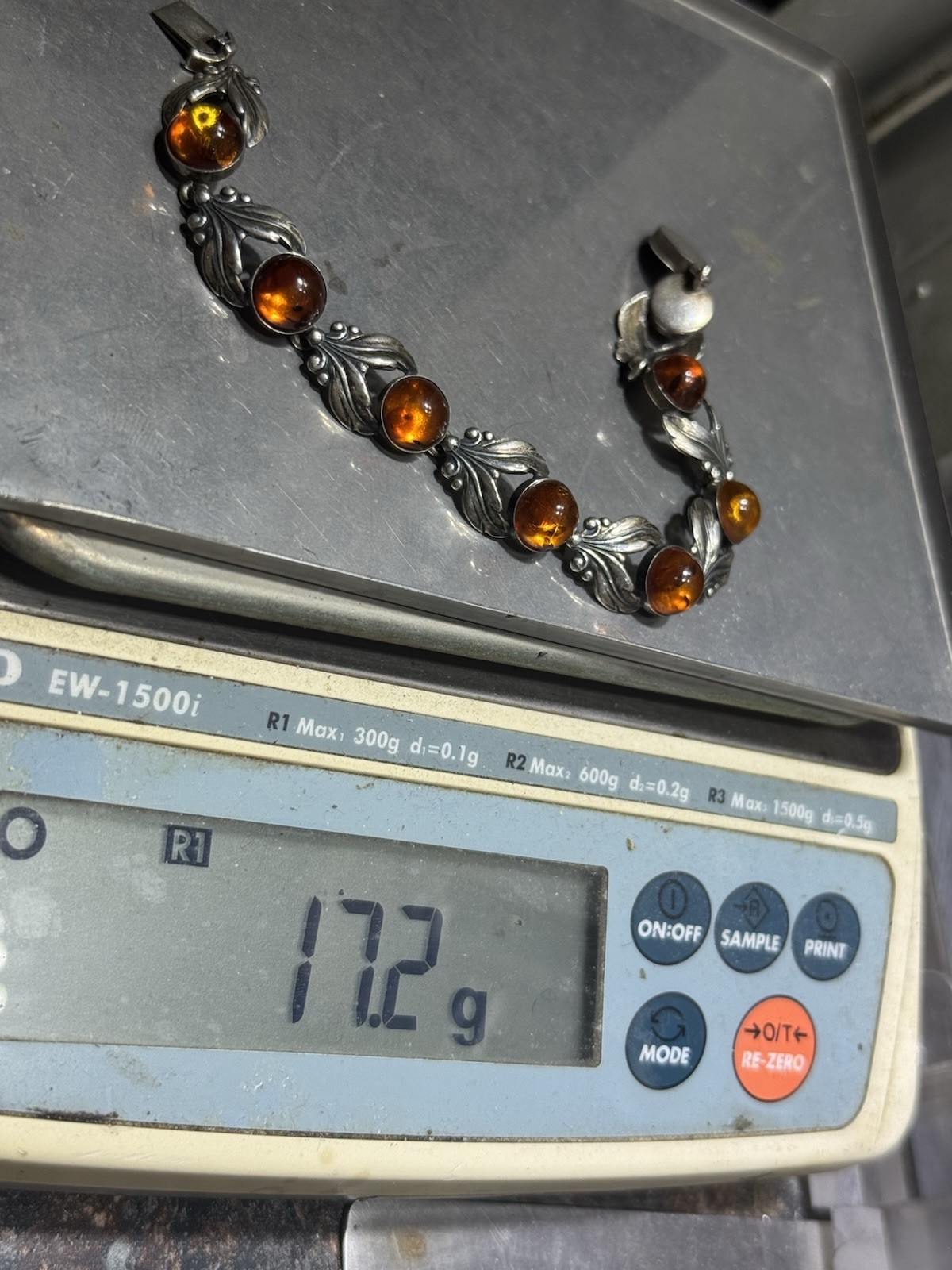 VINTAGE 925 STERLING SILVER & AMBER NEILS ERIK NE DENMARK BRACELET 8”