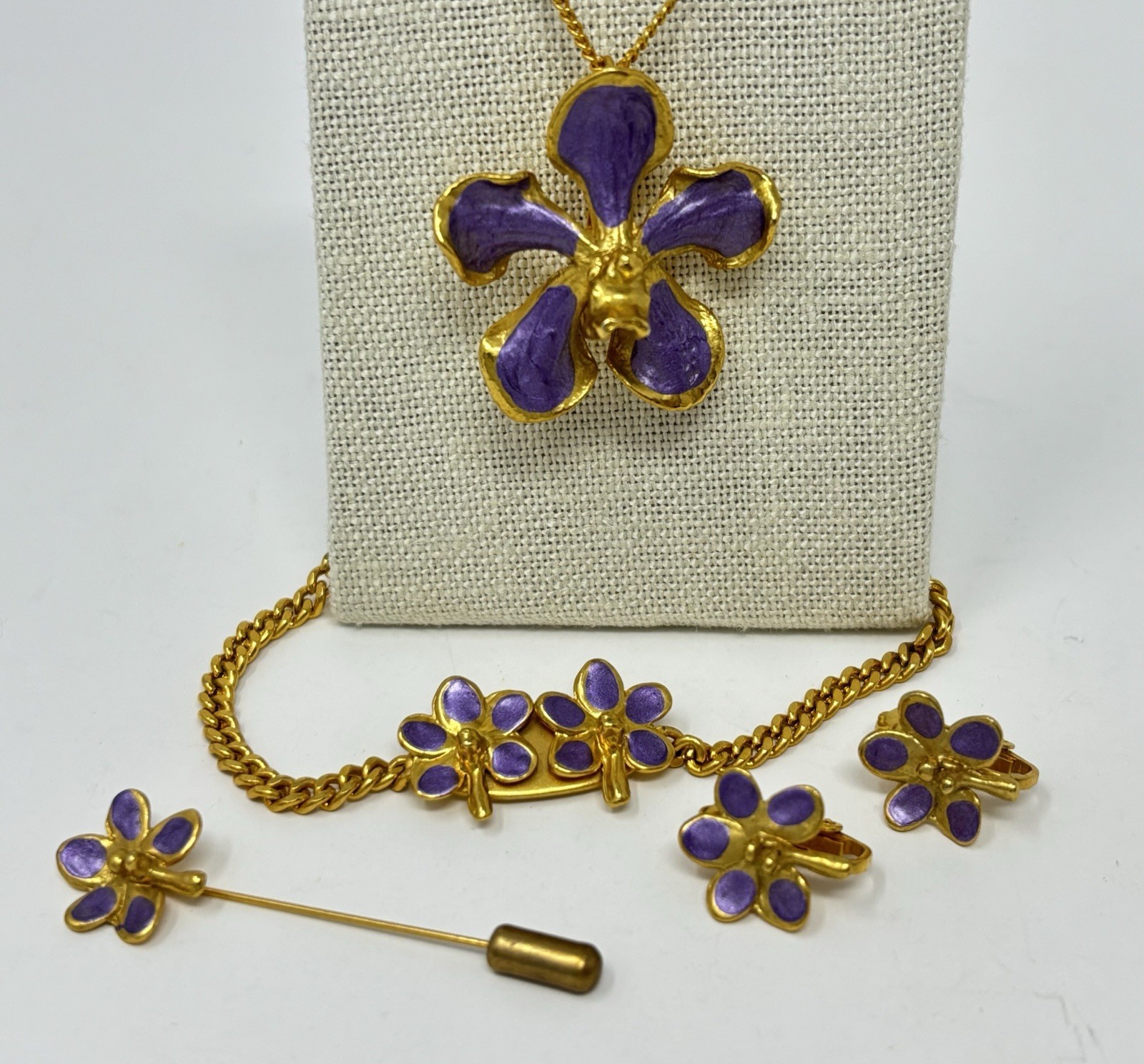Purple Enamel Orchid Jewelry Necklace Set Pendant Bracelet Earring Pin Vintage