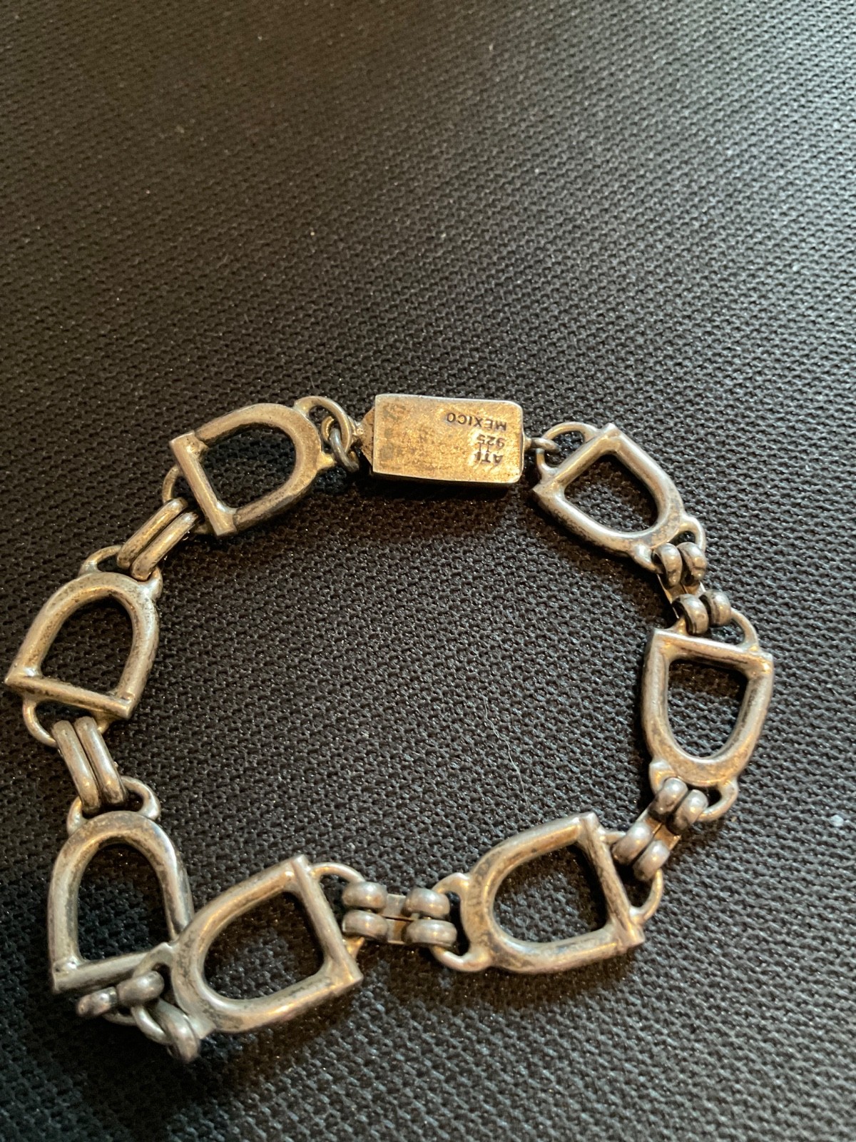 Vintage Signed ATI Mexico Sterling Silver Horse Stirrup Link Bracelet 7”