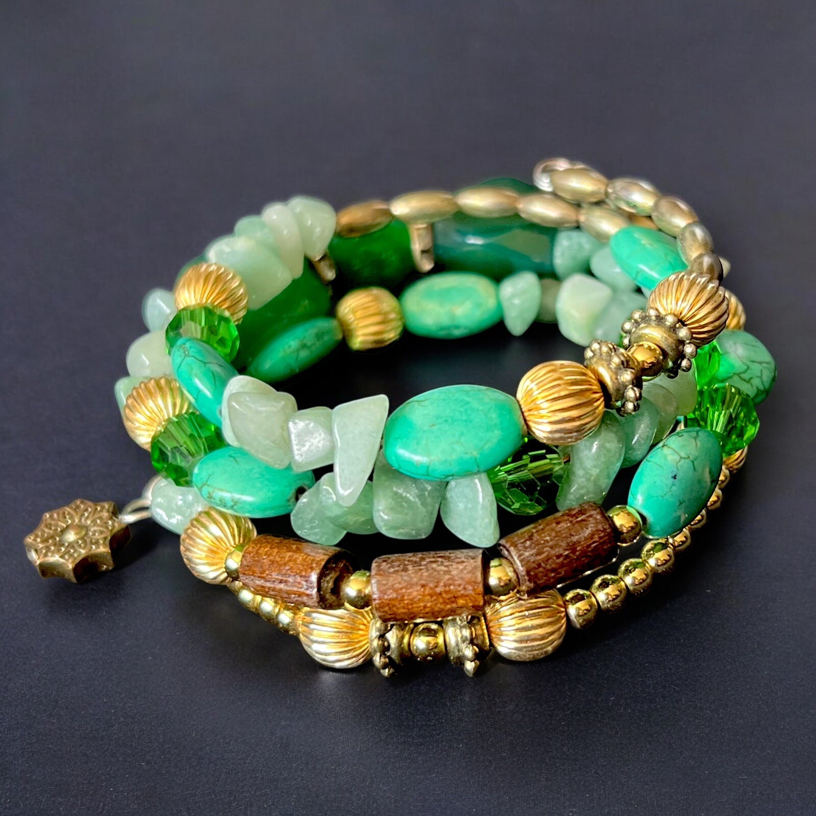 Boho Gemstone Beaded Bracelet Multi-Strand Wrap Wood Turquoise Gold Vintage