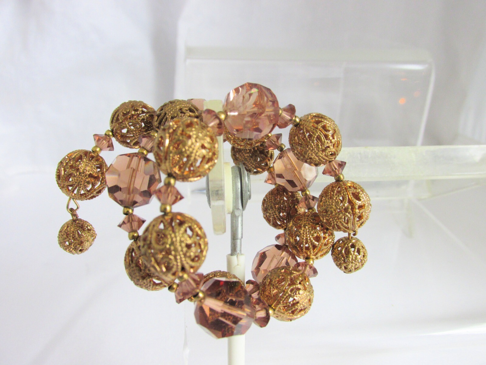 Vintage Topaz Glass Crystals & Gold Plate Filigree Metal Beads Wrap Bracelet