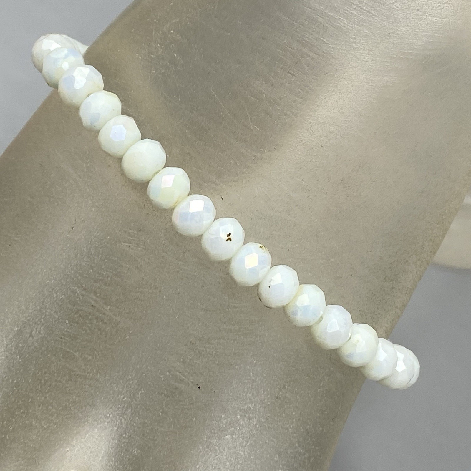White Glass Bead Bracelet Stretch Faceted Fire Polished Surface Coated 7″