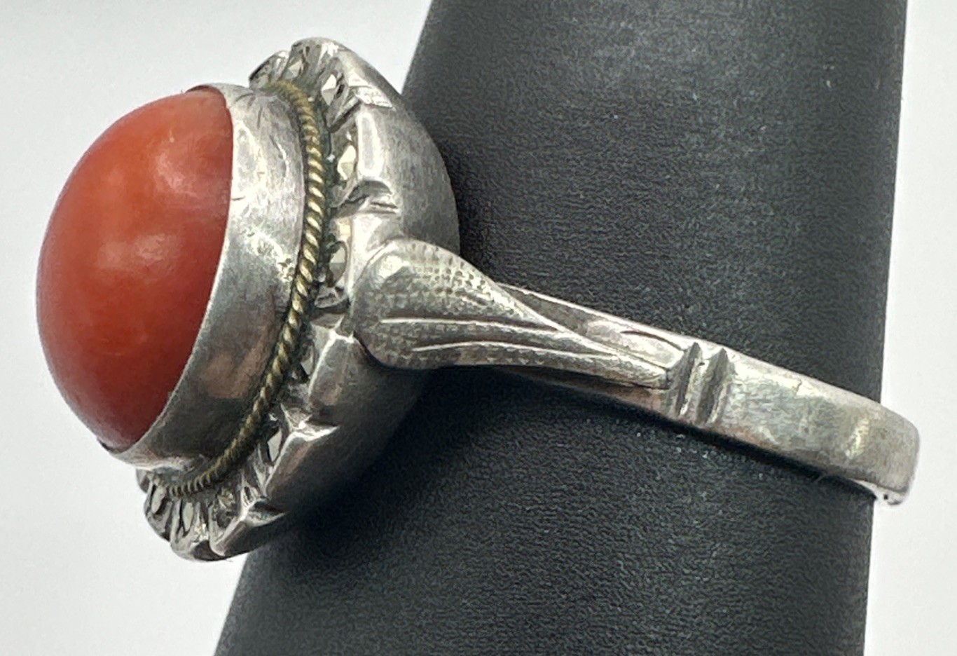 Sterling Silver Coral Marcasite Ring Sz 6 Vintage