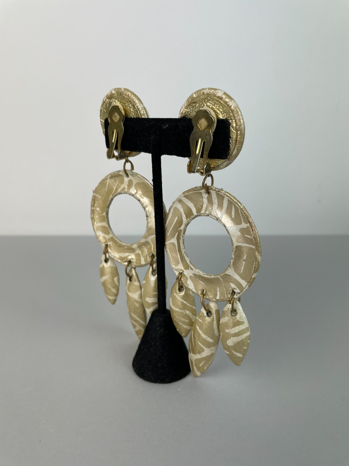 Vintage 80s HUGE Leather and Rhinestone beaded Clip earrings STATEMENT 5″ X 1.8″