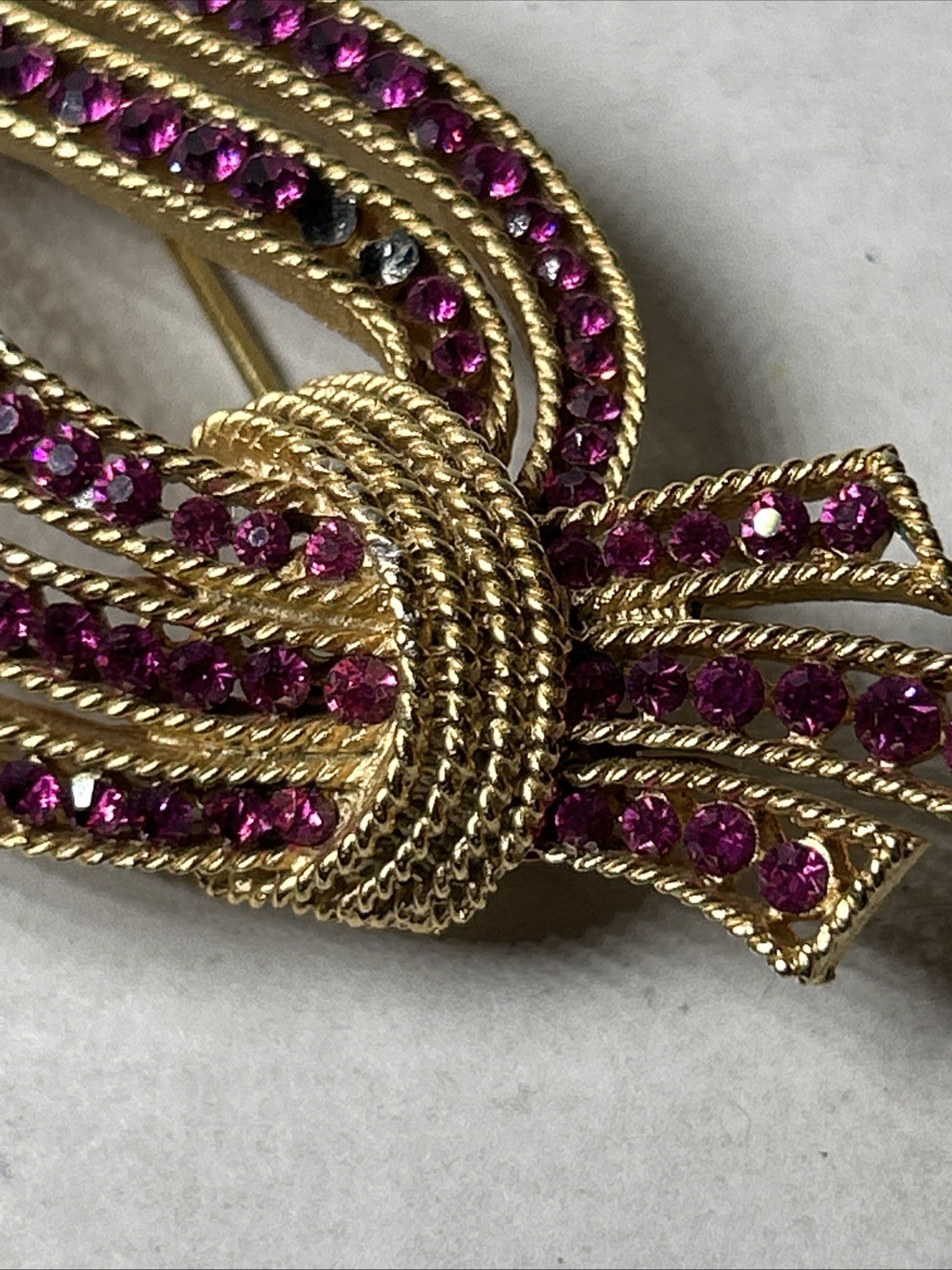 TRIFARI Signed Fuschia Pink Flow Ribbon Bouquet Brooch Missing Some Rhinestones