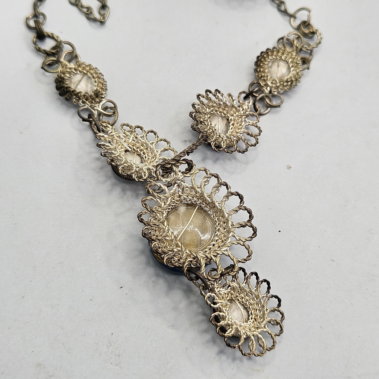 Antique Cannetille Spun Silver Necklace Blue Art Glass Screw Back Earrings Set