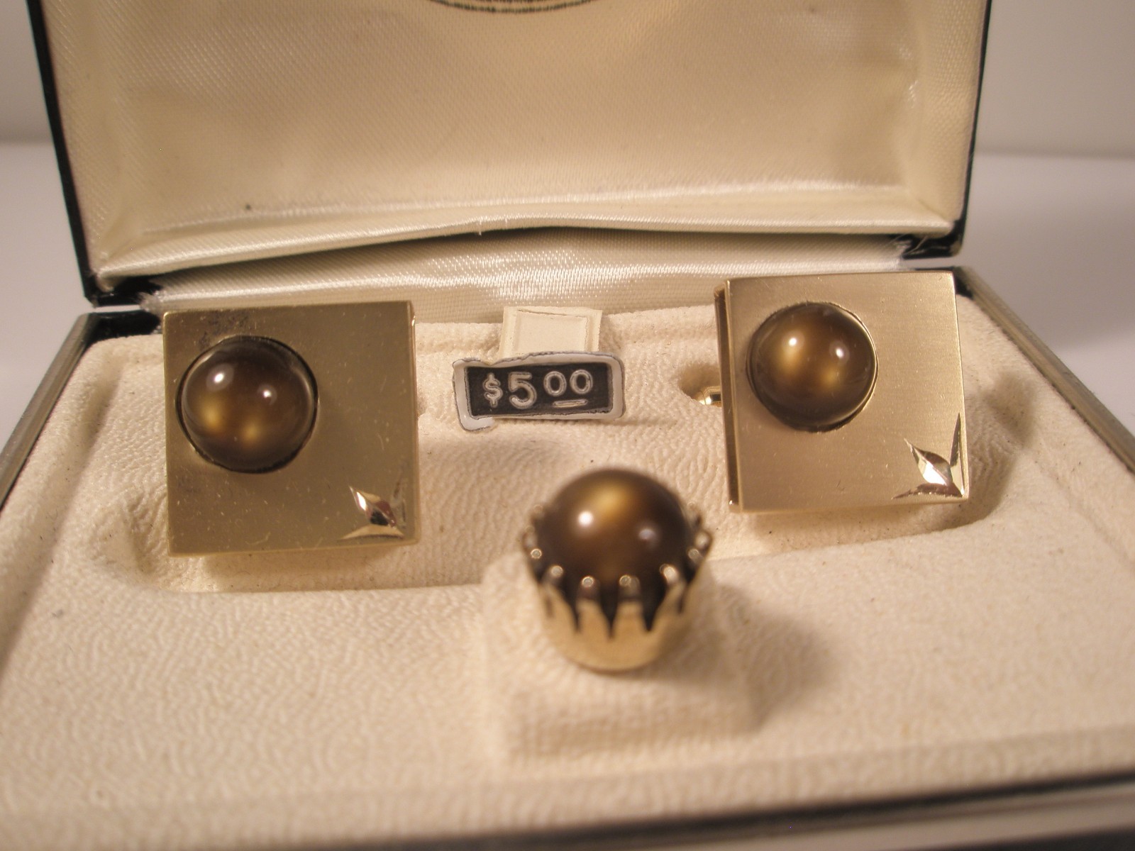 Gold Tone Cabochon SWANK Vintage Cuff Links & Tie Tack set in box