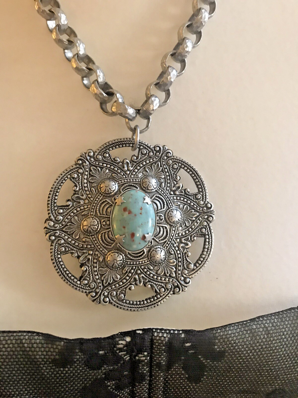 Gorgeous Ornate Vintage Aluminum Statement Necklace With Blue Stone
