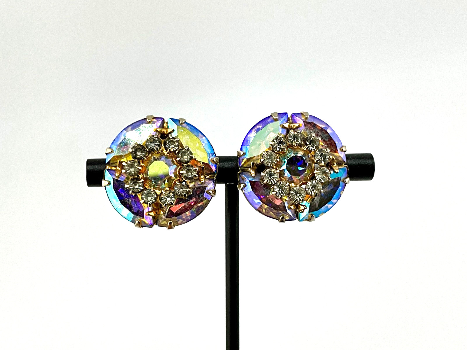 Vintage Aurora Borealis Crystal Earrings Mid Century Hollywood Regency Glam