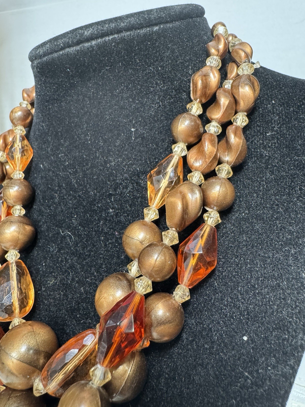 vintage three-strand necklace Acrylic Lucite Plastic Glass Beads Made In Germany
