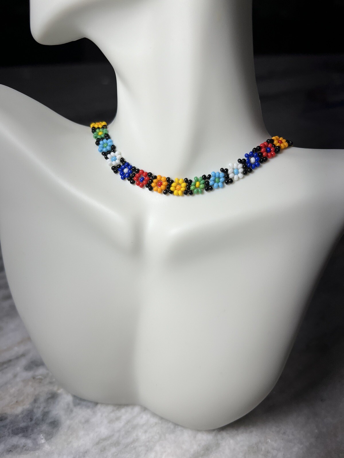 Vintage Artisan Made Multicolored Bead, Flower Design, Hook Clasp, Choker, 14”