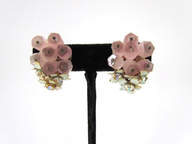 Vintage Sandor Earrings Rose Quartz Floral Cluster Enamel AB Rhinestones RARE