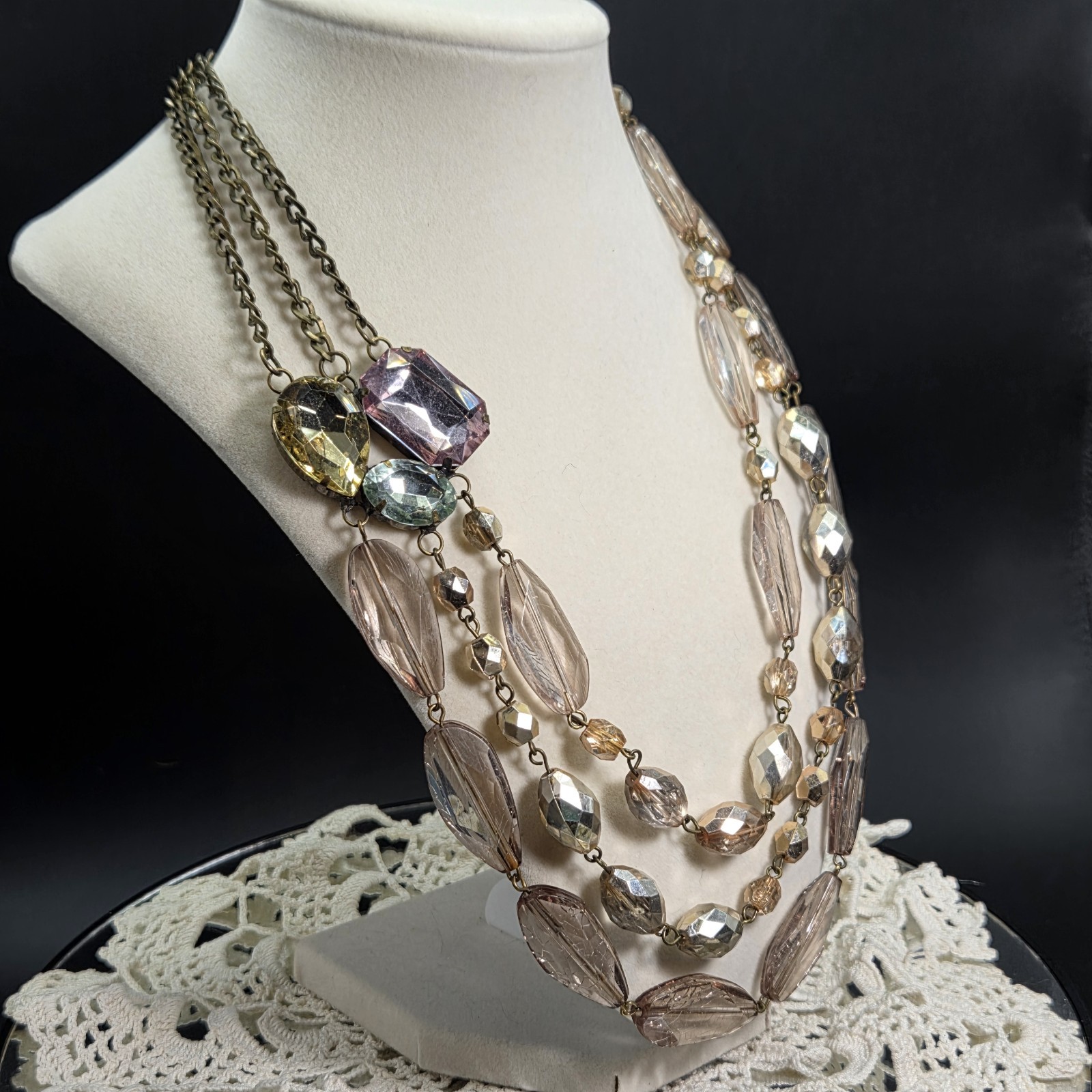 Fabulous Vintage Faceted Lucite Multistrand Statement Necklace Pastel Large Gems