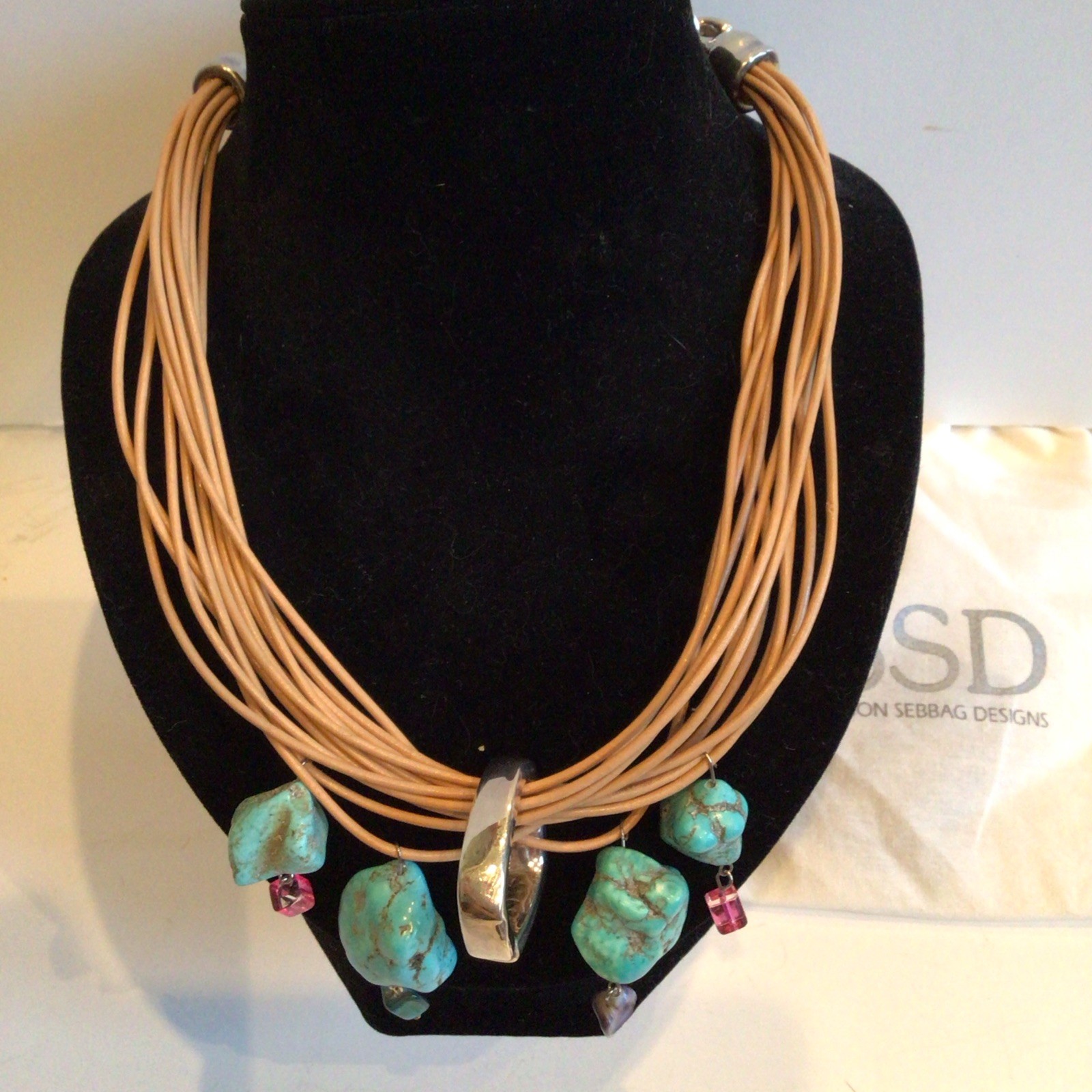SPECIAL SEBBAG VON MUSULIN NECKLACE STERLING TURQUOISE LEATHER W PENDANT,EXTEND