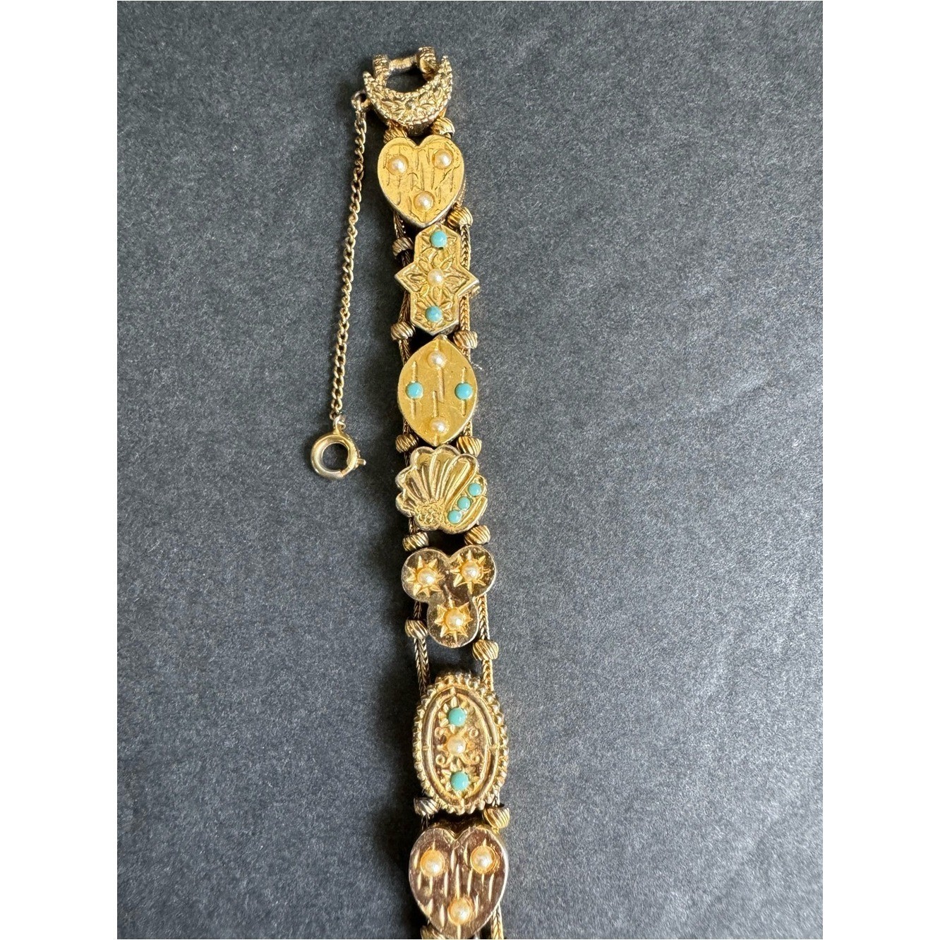 Vintage Victorian Revival Slide Charm Bracelet 60s Sweetheart Lucky Gold Tone