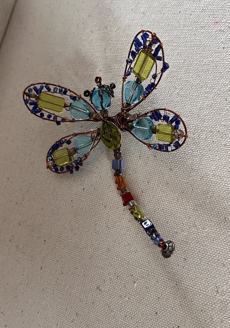 Vintage Handmade Copper Wire Multicolor Glass Beaded Dragonfly Large 4” Brooch