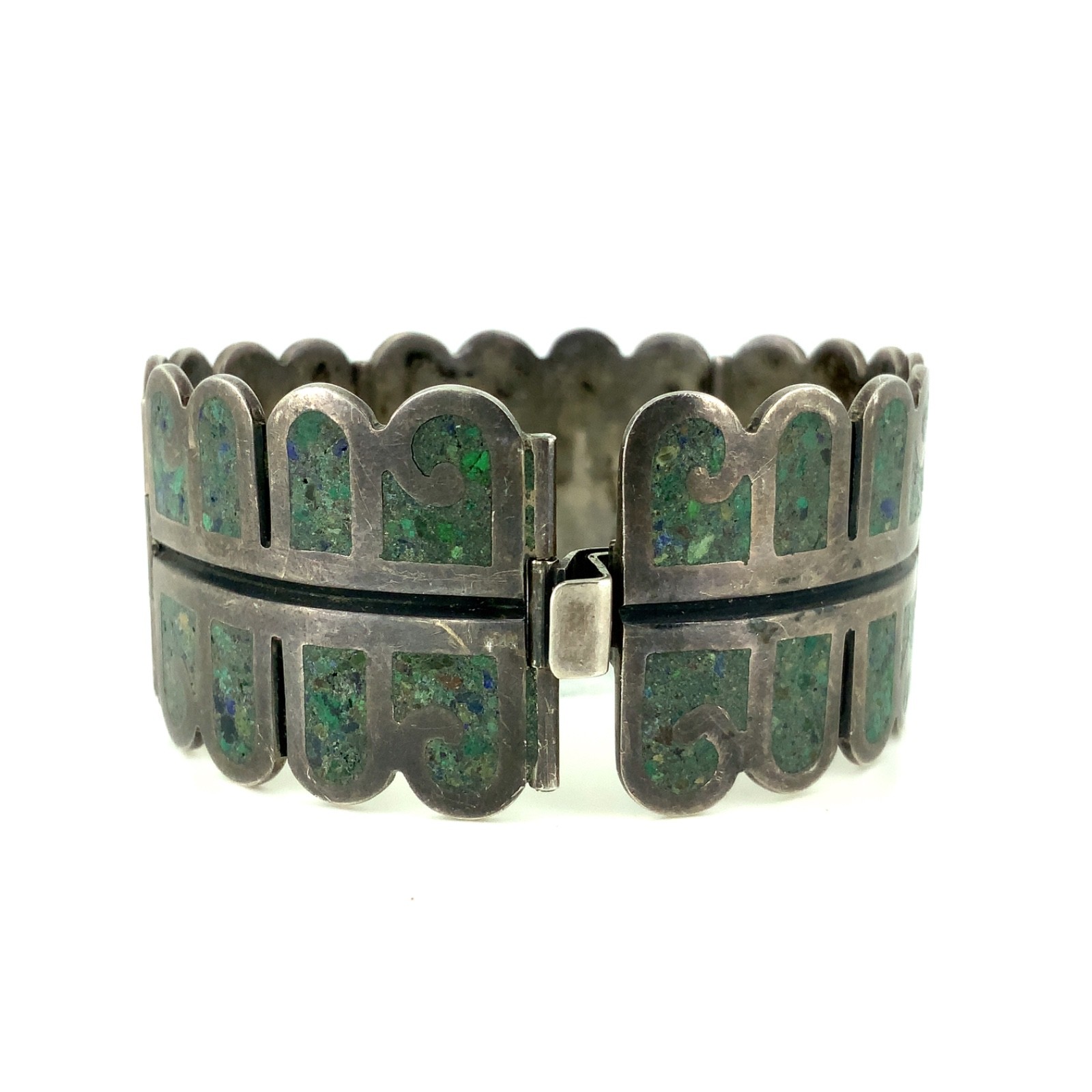 RQH Vintage Mexican Turquoise Chip Inlay, Sterling Silver Hinged Panel Bracelet