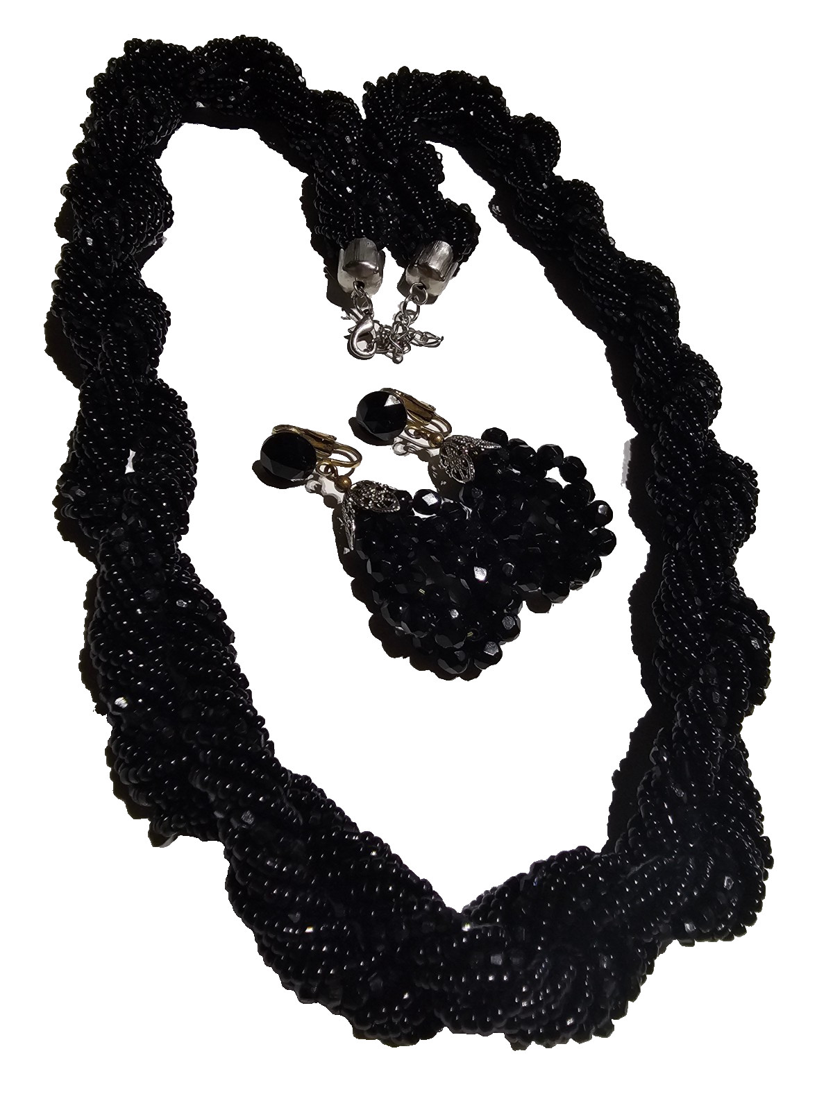 TWISTED STRAND BLACK GLASS SEAD BEAD NECKLACE, EARRINGS & BRACELET – VINTAGE