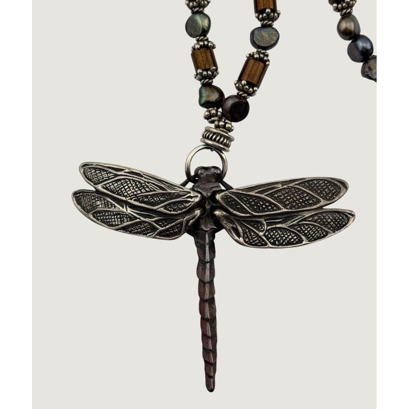 Vintage 1999 Robert Bob Burkett Signed Dragonfly Pendant Beaded Pearl Necklace