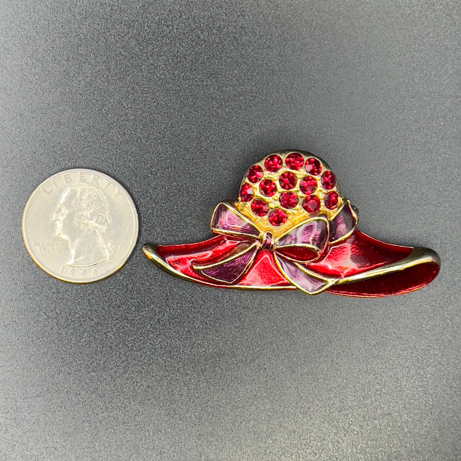 Vintage Red Hat Enamel Gold-Toned & Red Rhinestones Brooch Pin