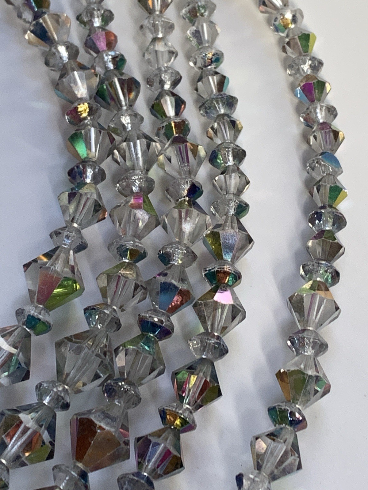 Aurora Borealis Multi Strand Collar Necklace Glass Beaded Bicone AB Silver Vtg