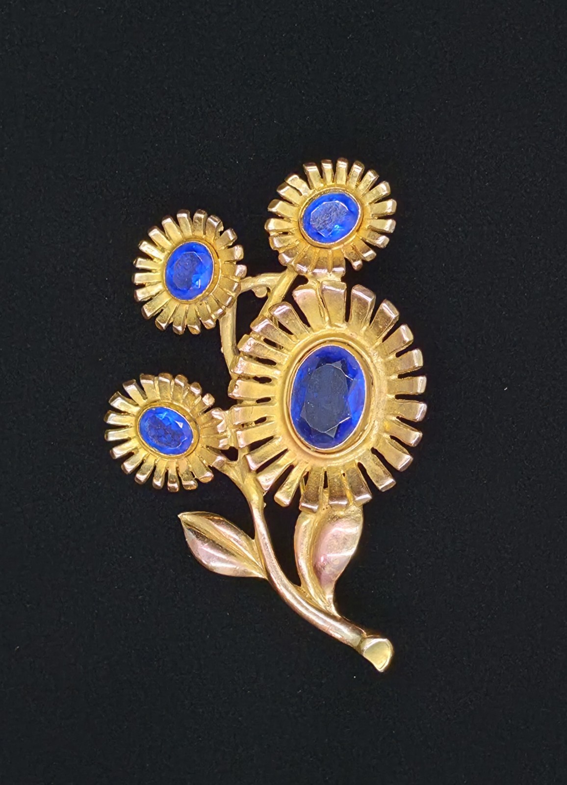 Vtg 1930s/40s Pot Metal Floral Spray Bouquet Blue Rhinestone Brooch Pin