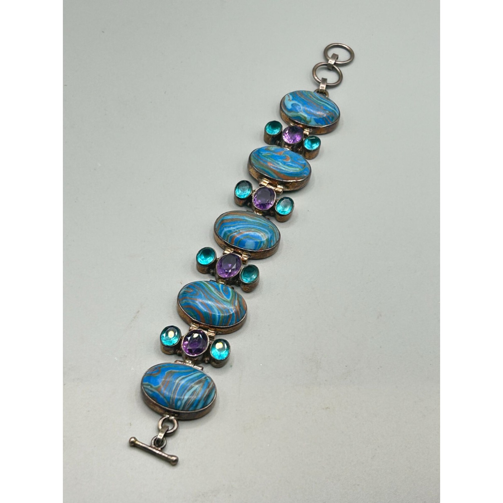 Colorful Purple and Blue Sterling Silver 925 Semi Precious Stones Bracelet 8″