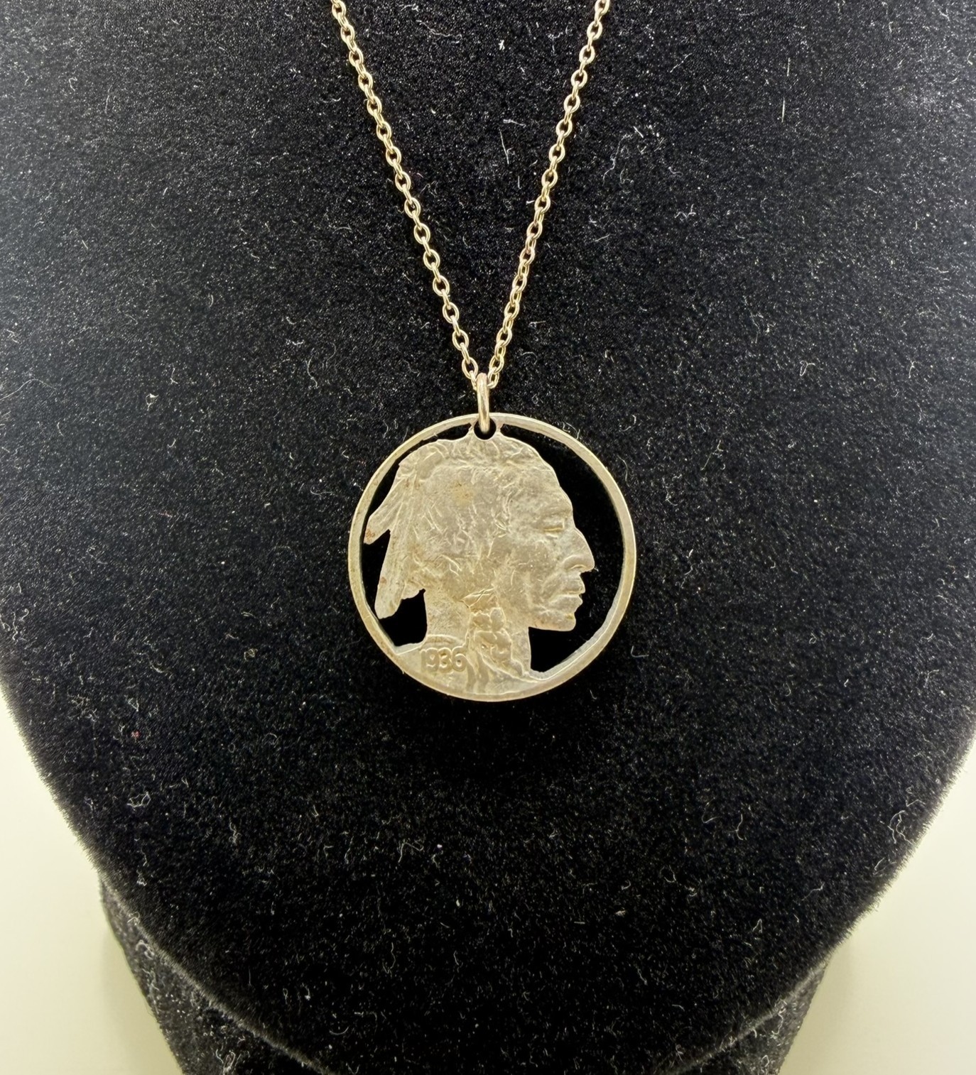 1936 Buffalo Nickel Cut Out Pendant Sterling Silver Necklace 18” Vintage