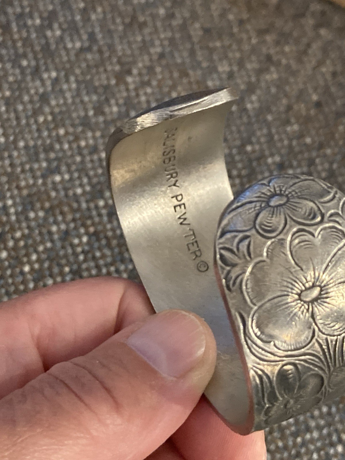 Vintage Salisbury Pewter Cuff Bracelet Engraved Flowers birth month “July”