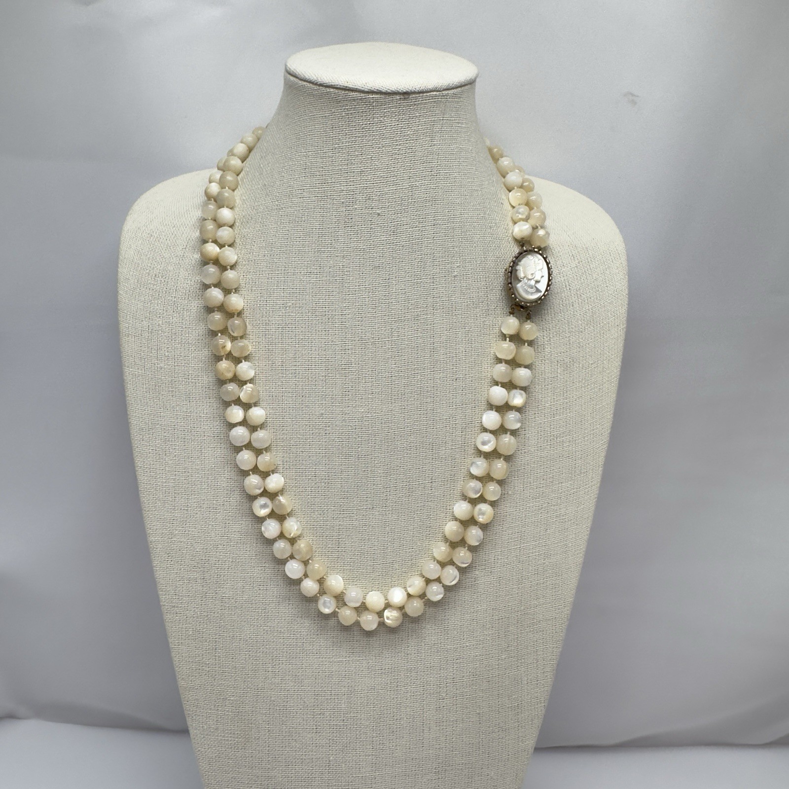 Vintage Mother of Pearl Cameo Clasp MOP Beaded Necklace Double Strand 8mm