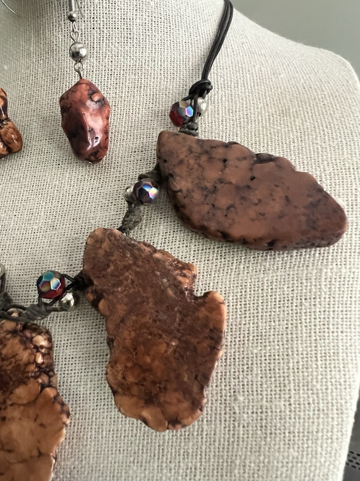 Brutalist Gemstone Necklace Chunky Slab Multi Charm Matching Earrings 18-21” Adj