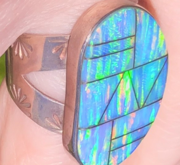 FaBuLoUs Ice blue lavender fire Opal Ring 8 Sterling Large Vintage Native Art