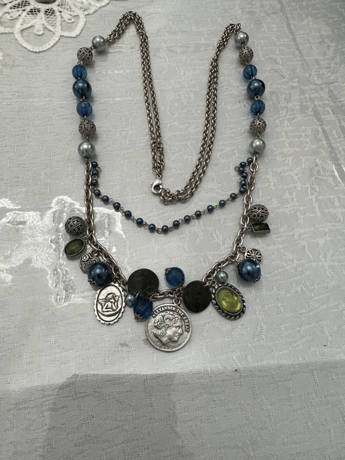 VTG Silver W/ Teal Beads Necklace and Clip On Earrings Set