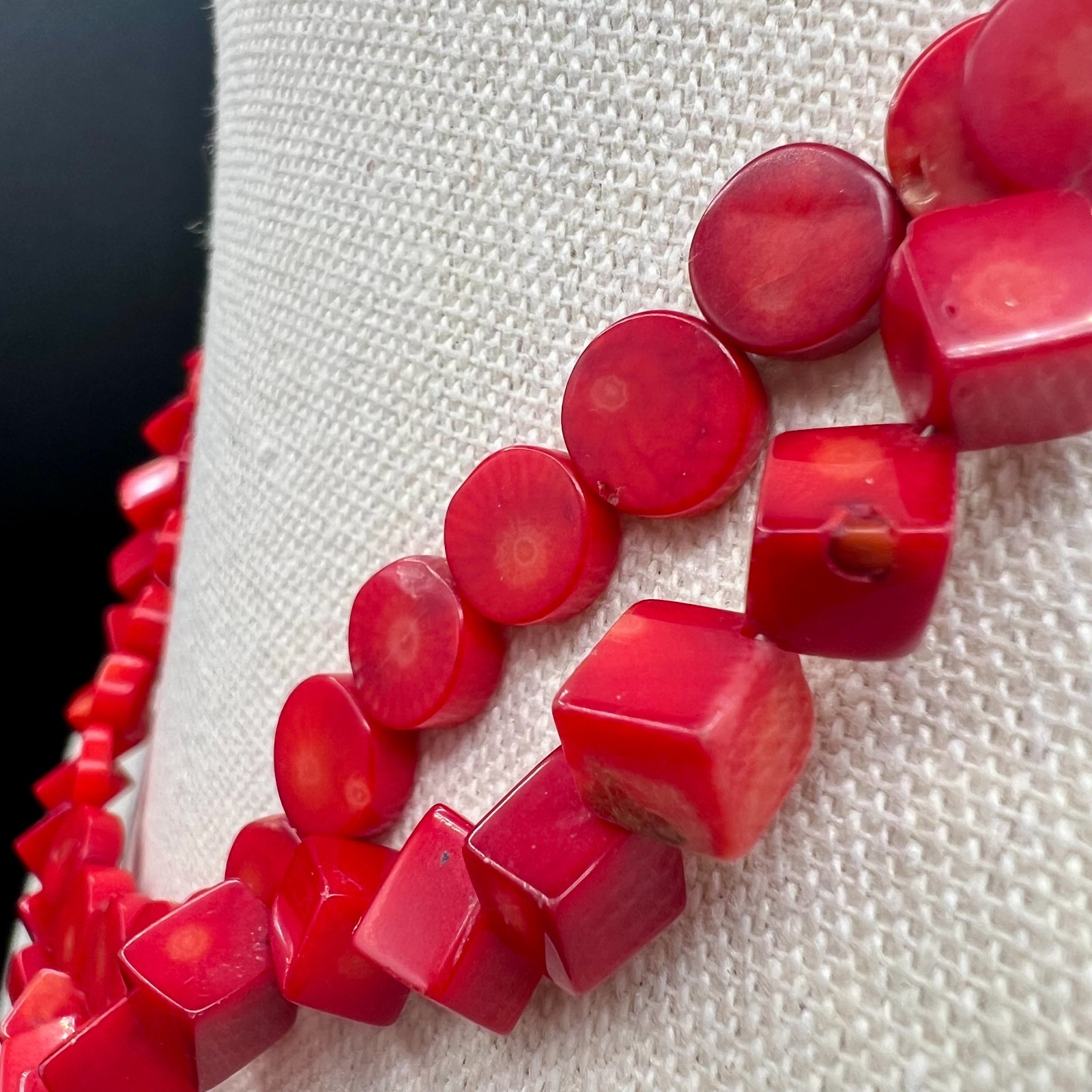 Vintage Natural Red Coral Necklace Double Strand Choker Disc Cube Beads 16″