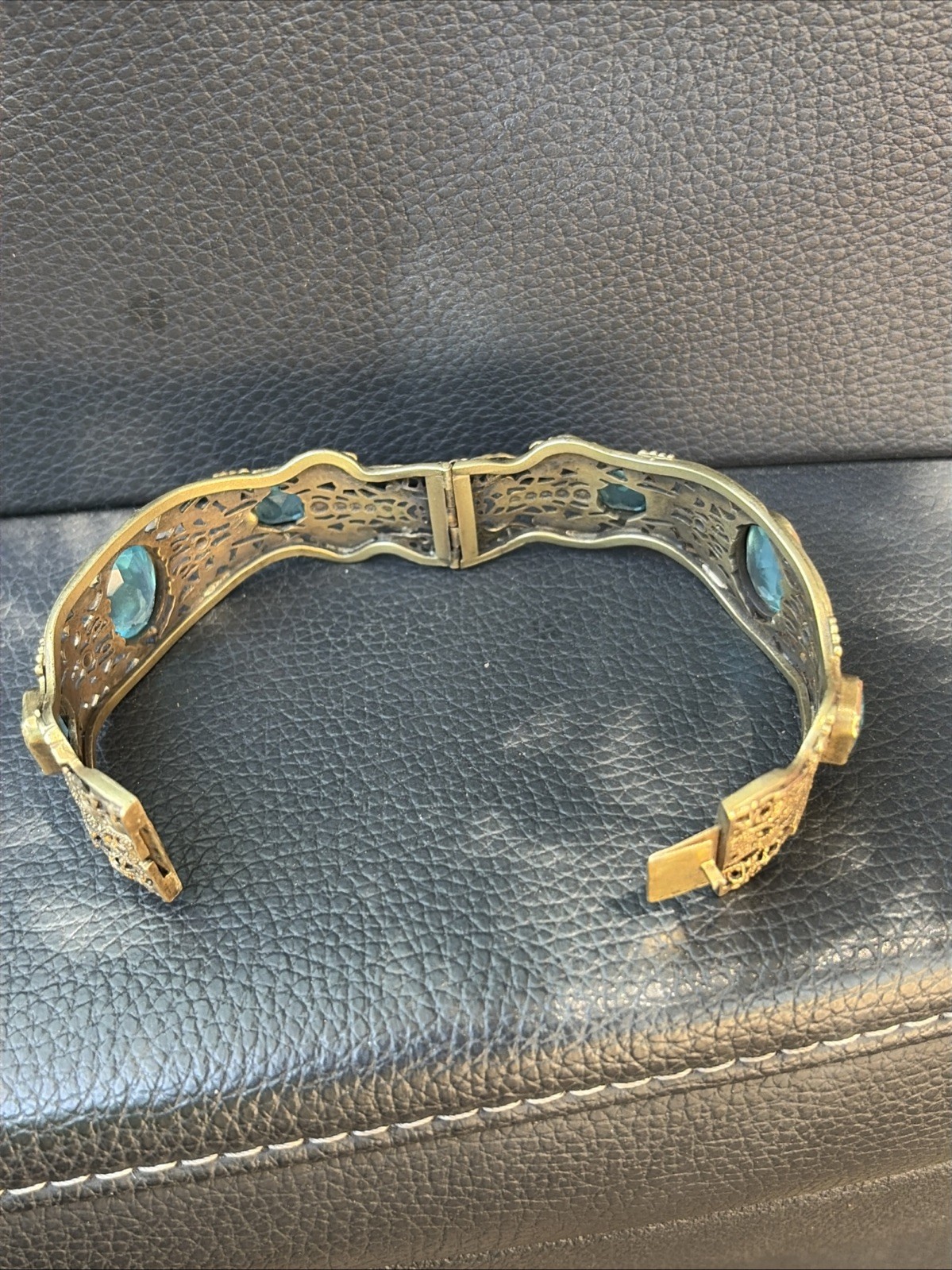 Vintage Brass Cuff Bracelet Blue Stones and Fine Filigree Design
