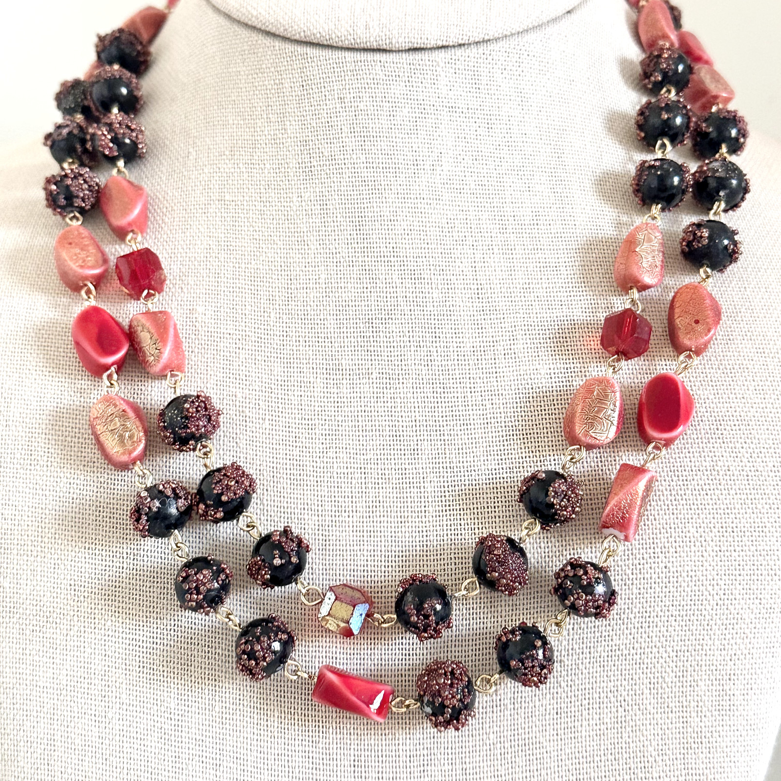 Vintage Red Crystal & Acrylic Beaded Double Row 2 Strand Adjustable Necklace