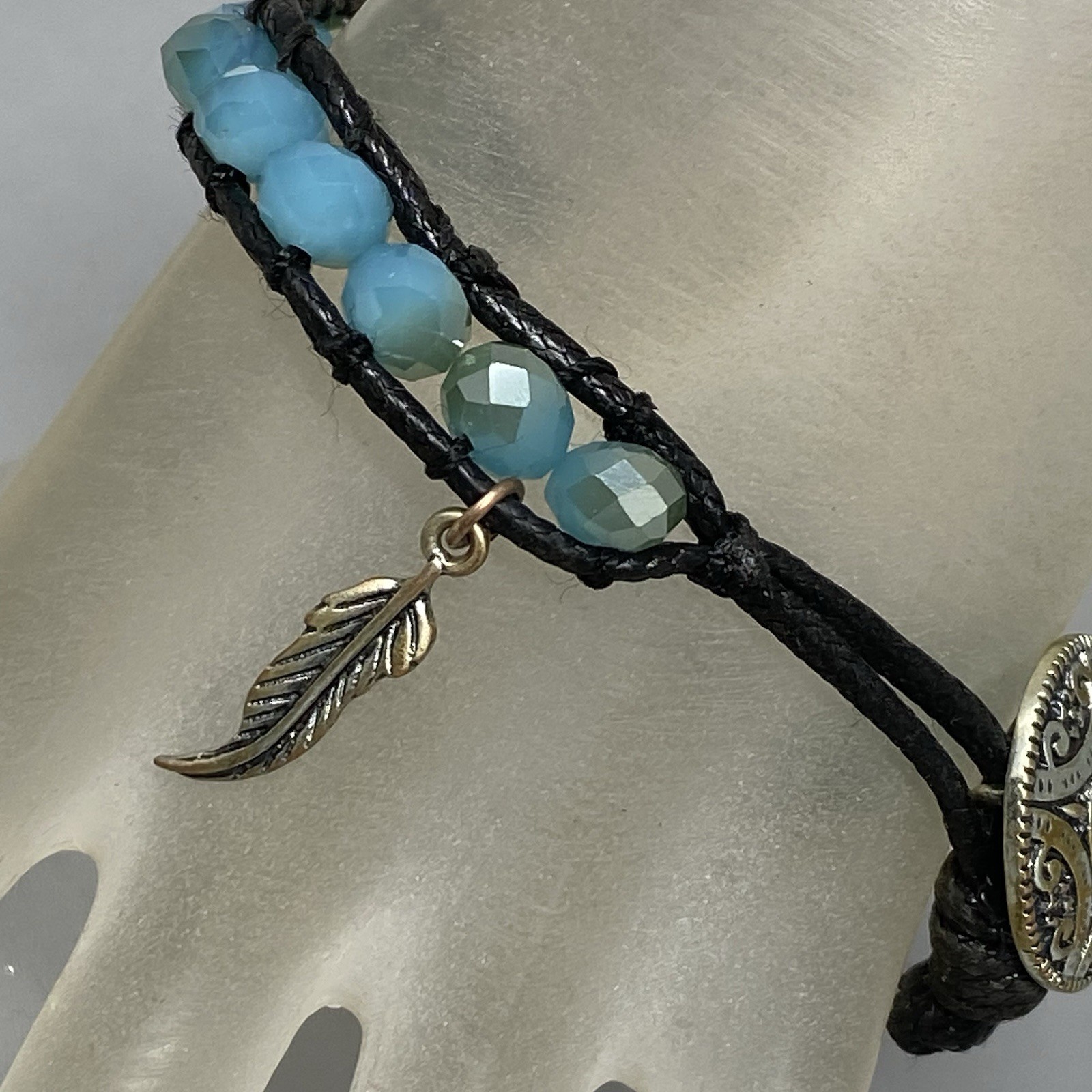 Glass Bead Bracelet Faux Leather Cord Blue Surface Coated Western Button Feather
