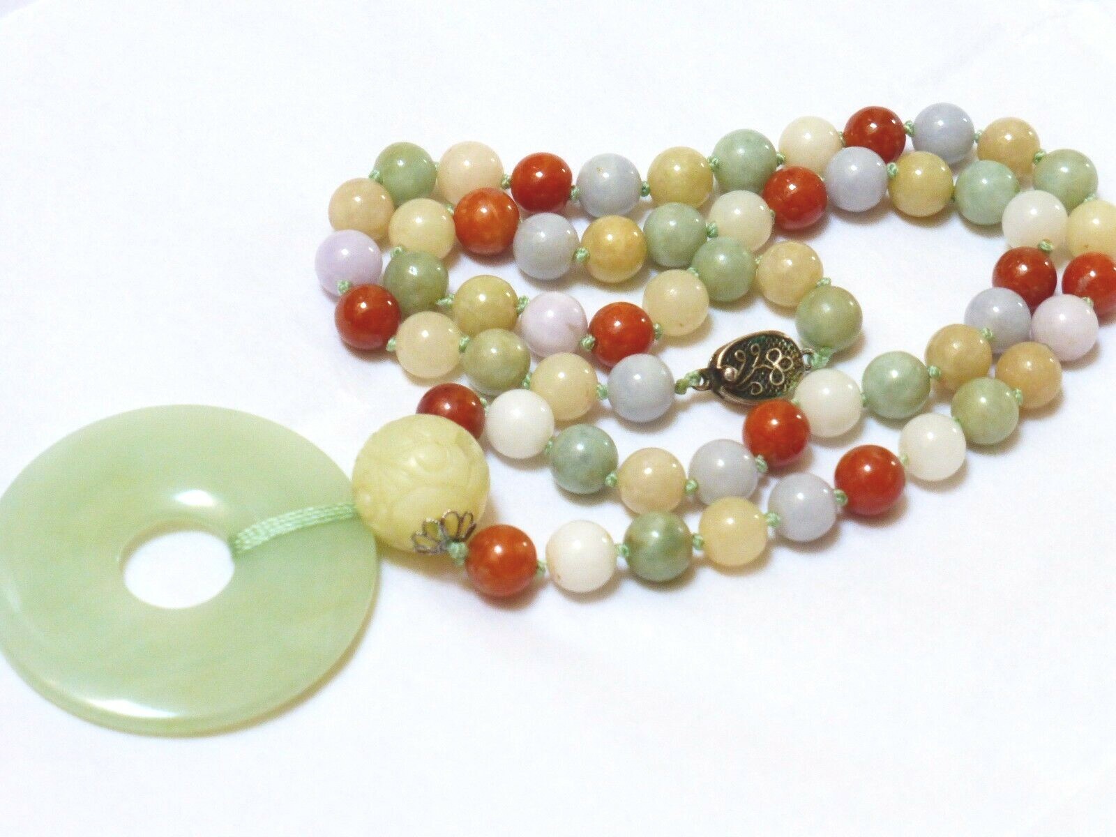 Vintage Chinese Multi-Color Jade 9mm Beads Necklace Pendant, Silver Clasp, 25″