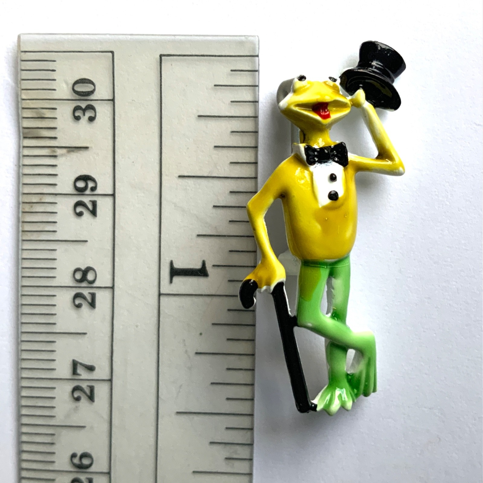 Vintage Whimsical Enamel Green Cartoony Frog with Top Hat & Cane Brooch