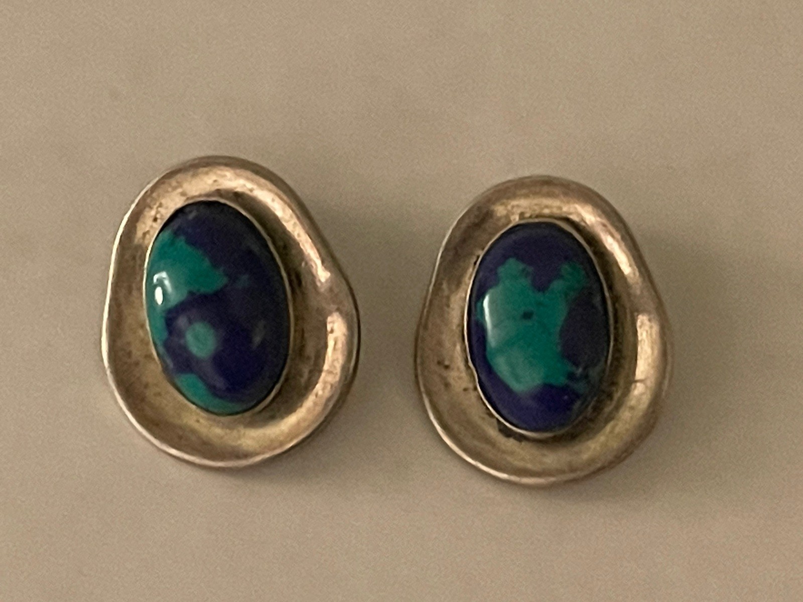 Vintage Sterling Azurite Heavy Clip On Earrings Mexico 925 TH-97 *See Pics/Notes