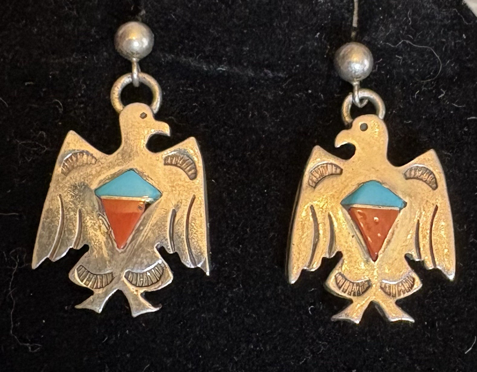 Vintage Native American Sterling Silver Turquoise Red Coral Thunderbird Earrings