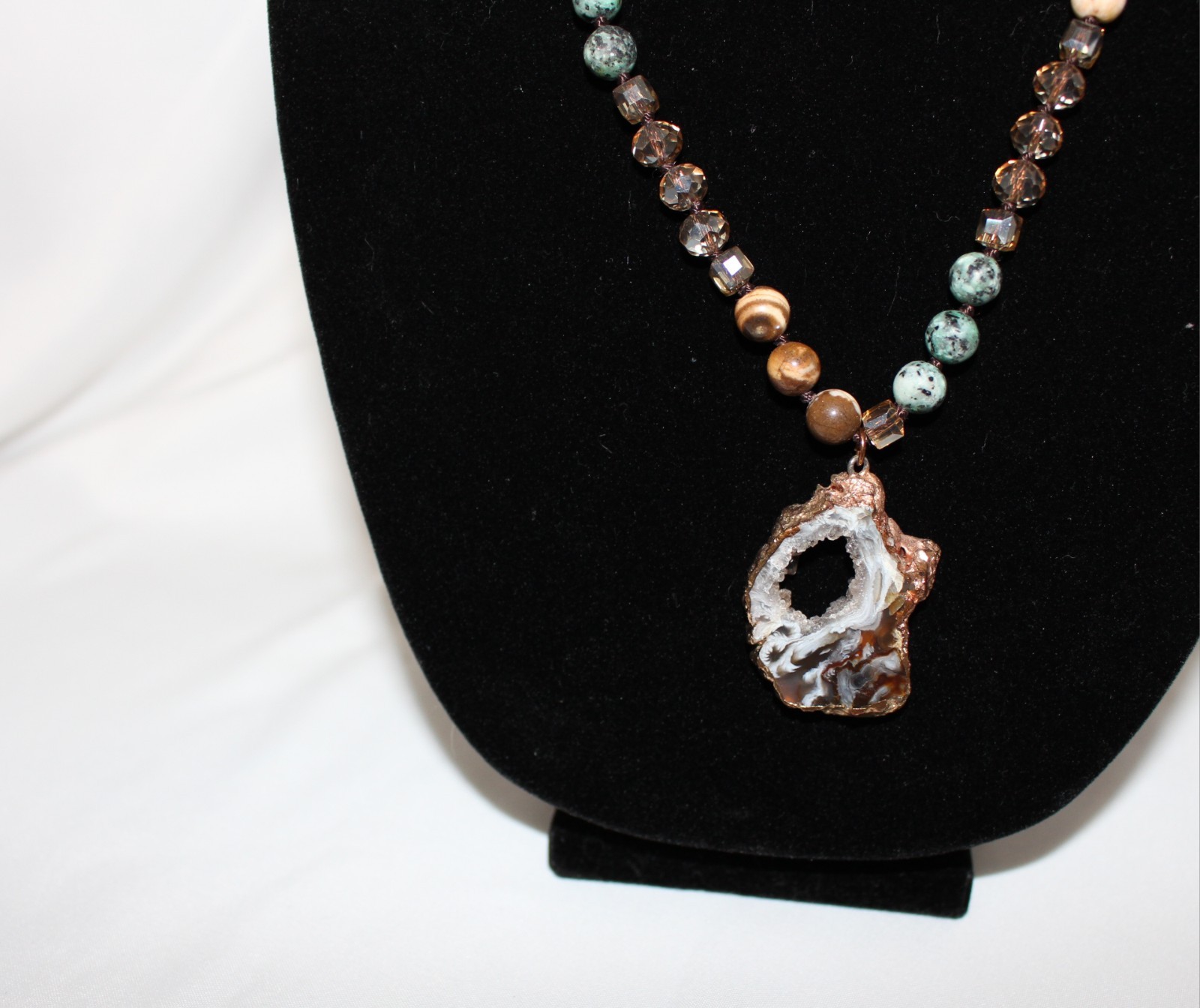 Estate Vintage Boho Necklace Crystal Druzy Brown Natural Stone Earthy Colors