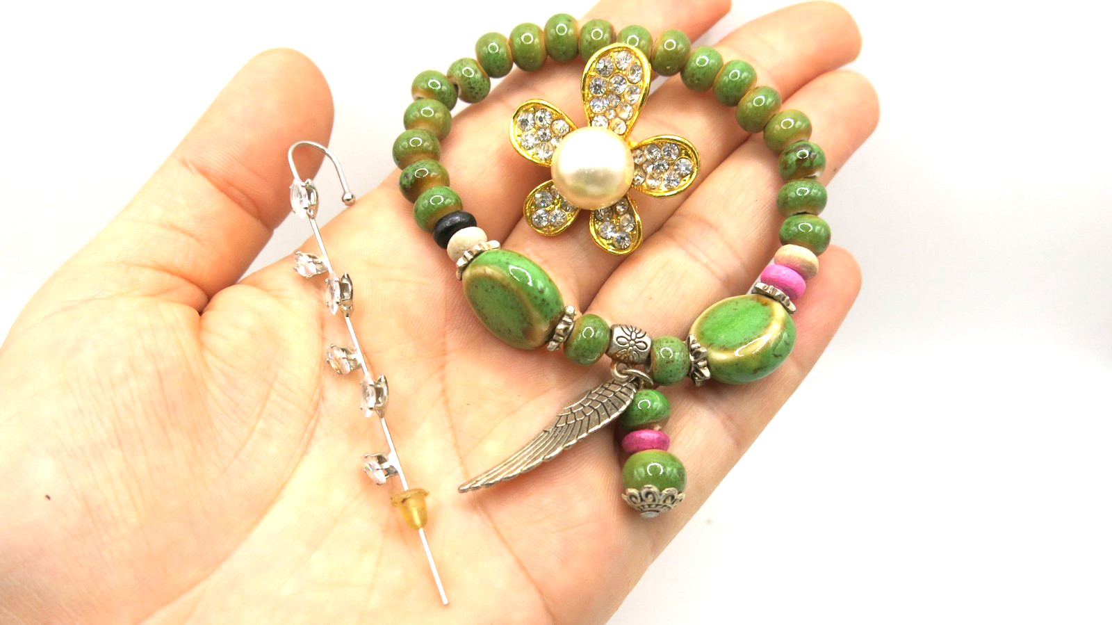 VTG Jewelry Set Lot 20pcs Pendants Brooch bracelet Cufflinks Ring Green stones