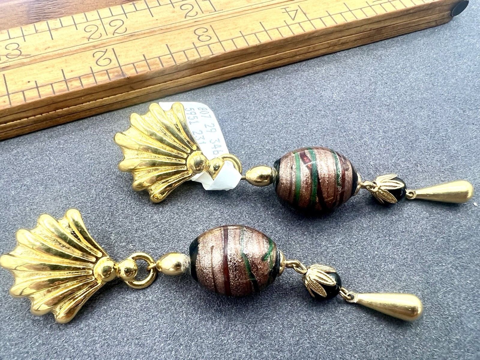 Vintage Gold Black Glass Bead Earrings Dangles New Old Stock NOS 1980s NWT VR