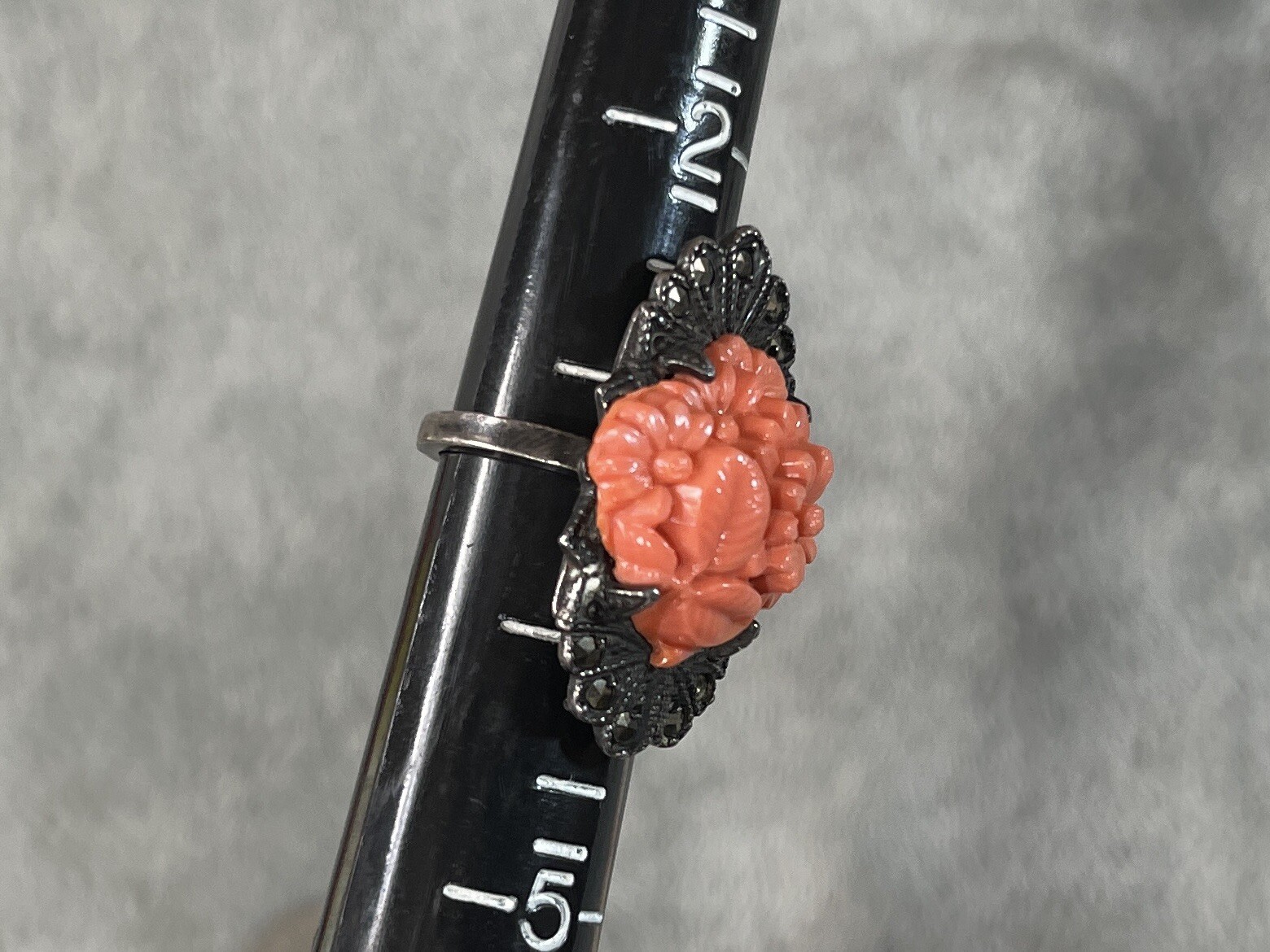Antique Sterling Marcasite Coral Glass Floral Ring, Size 3.75