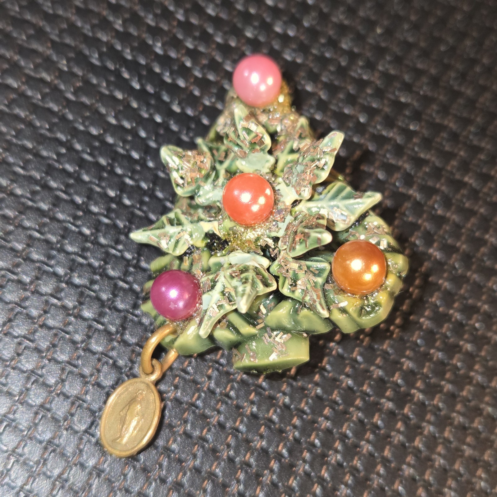 Vintage Christmas Tree Brooch w/ Dangling Micro Devotional Virgin Mary Catholic