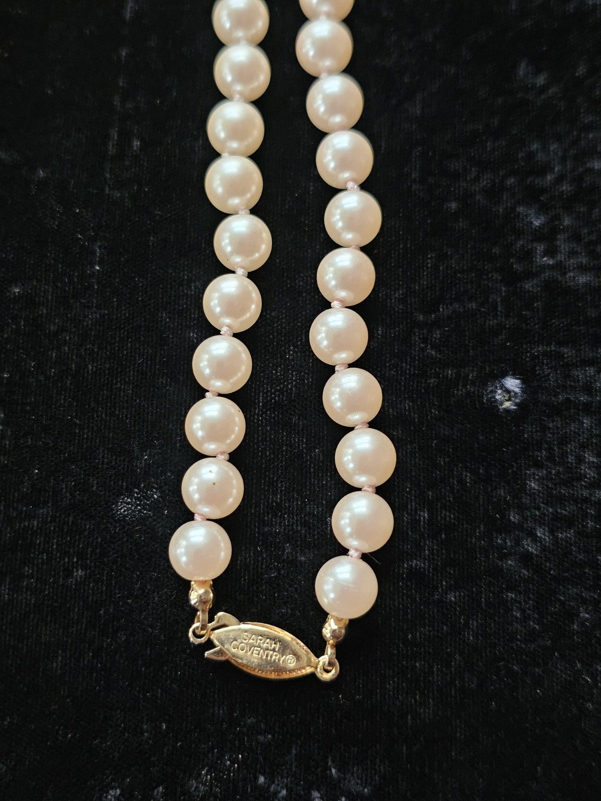 Vtg Sarah Cov Signed Knotted Faux Pearl Pink Necklace Fish Hook Clasp 8mm 22″