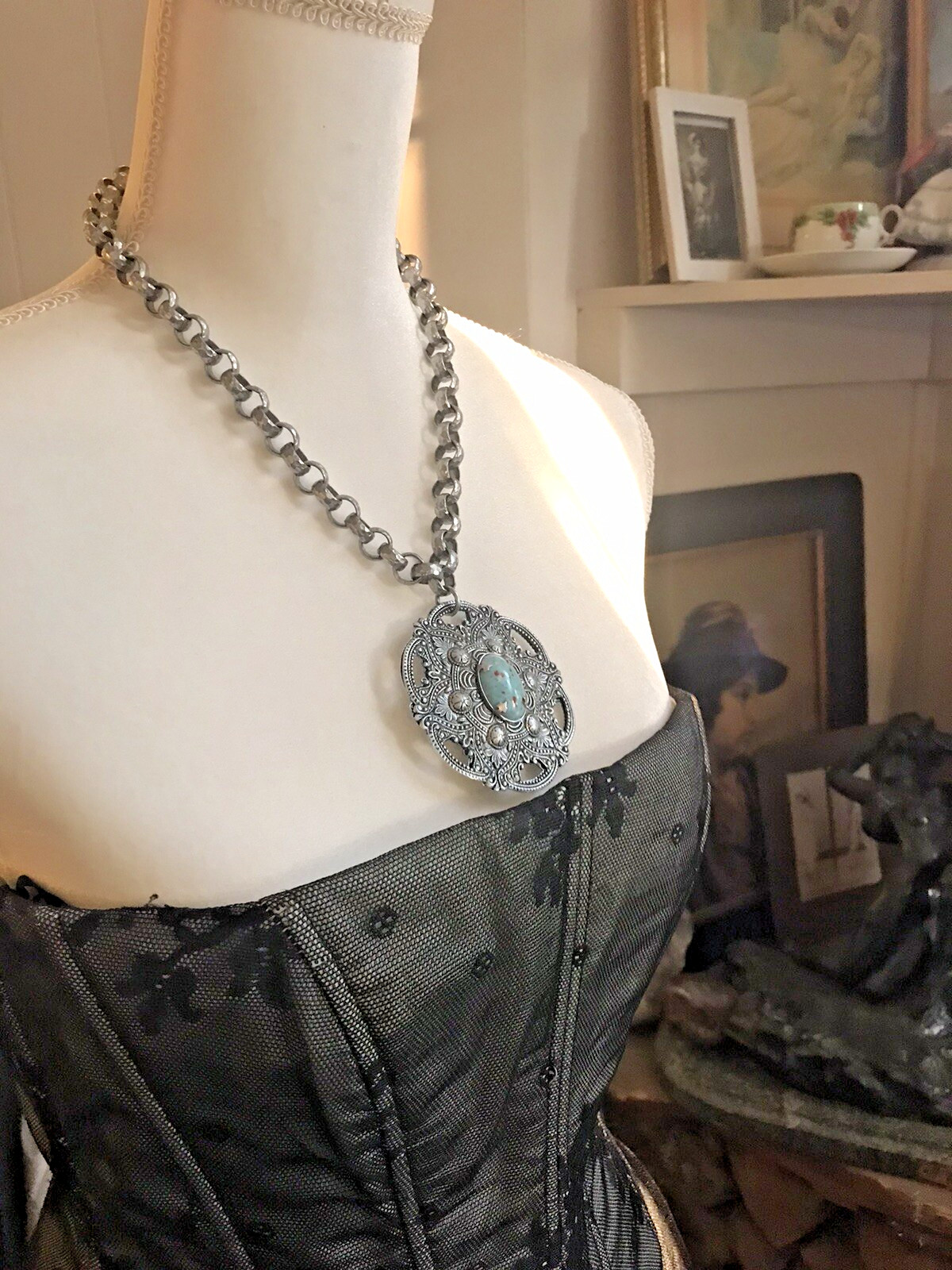 Gorgeous Ornate Vintage Aluminum Statement Necklace With Blue Stone