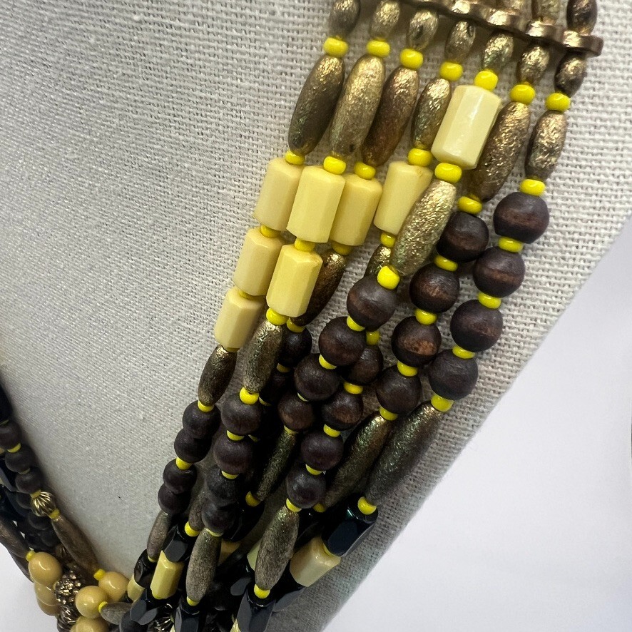 Vintage Boho Multi-Strand Necklace Yellow Black Natural Wood Seed Beads Earthy
