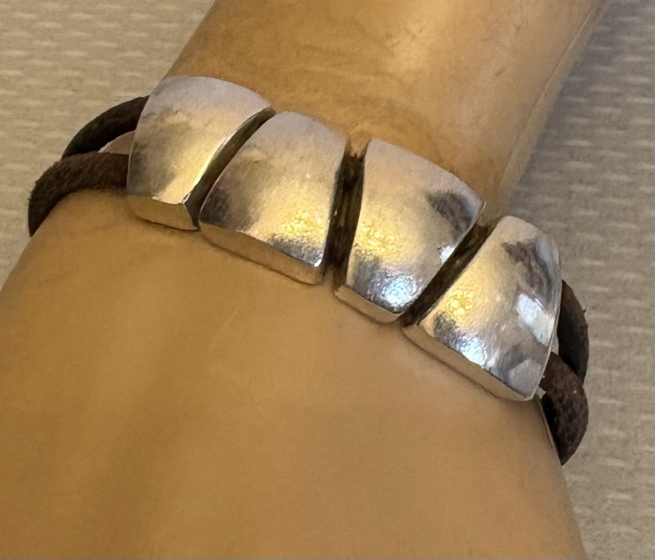 925 Taxco Mexico Modernist Sterling Silver Chunk Bracelet Leather Cord Toggle